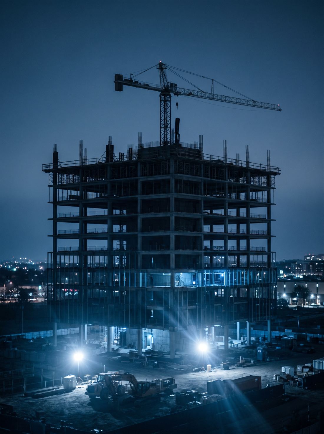 Bürogebäude im Rohbau zur blauen Stunde