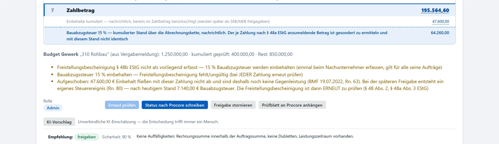 Optionaler KI-Prüfvorschlag unter dem Prüfblatt, gekennzeichnet als unverbindliche Einschätzung mit dem Hinweis, dass die Entscheidung immer ein Mensch trifft.
